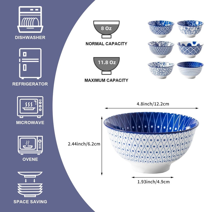 Cerkik Ceramic Dessert Bowls Set  12 Oz Small Cereal Bowls 475 Inch Ice Cream Bowl for Fruit Snack Dipping Sauce Side Dishes  Microwave Dishwasher Safe  Set of 6  Vintage Blue - Image 4