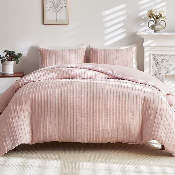 PINK BOHO DUVET COVER KING SIZE STRIPED TEXTURED DUVET COVER SET TUFTED BEDDING SET 3 PCS ULTRA SOFT WASHED MICROFIBER DUVET COVER WITH ZIPPER CLOSURE KING PINK