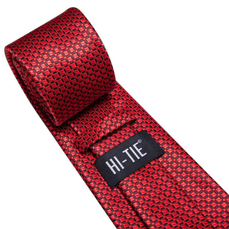 Hi-Tie Mens 70inches Tie Set Black Red Checks Extra Long Necktie for Men Cufflinks Handkerchief Big Tall Men Business Wedding - Image 4