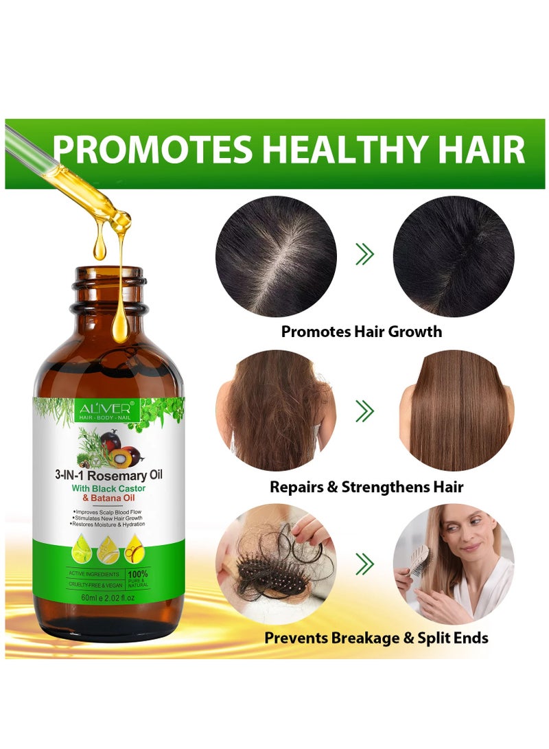ALIVER 3 In 1 Rosemary Oil with Black Castor Oil & Batana Oil for Hair Care Hair Conditioner Oil for Thin Hair Repair Damaged Hair Nourishes Thin Hair Scalp Skin and Loss Hair Growth Fit for All Hair Types - Image 2