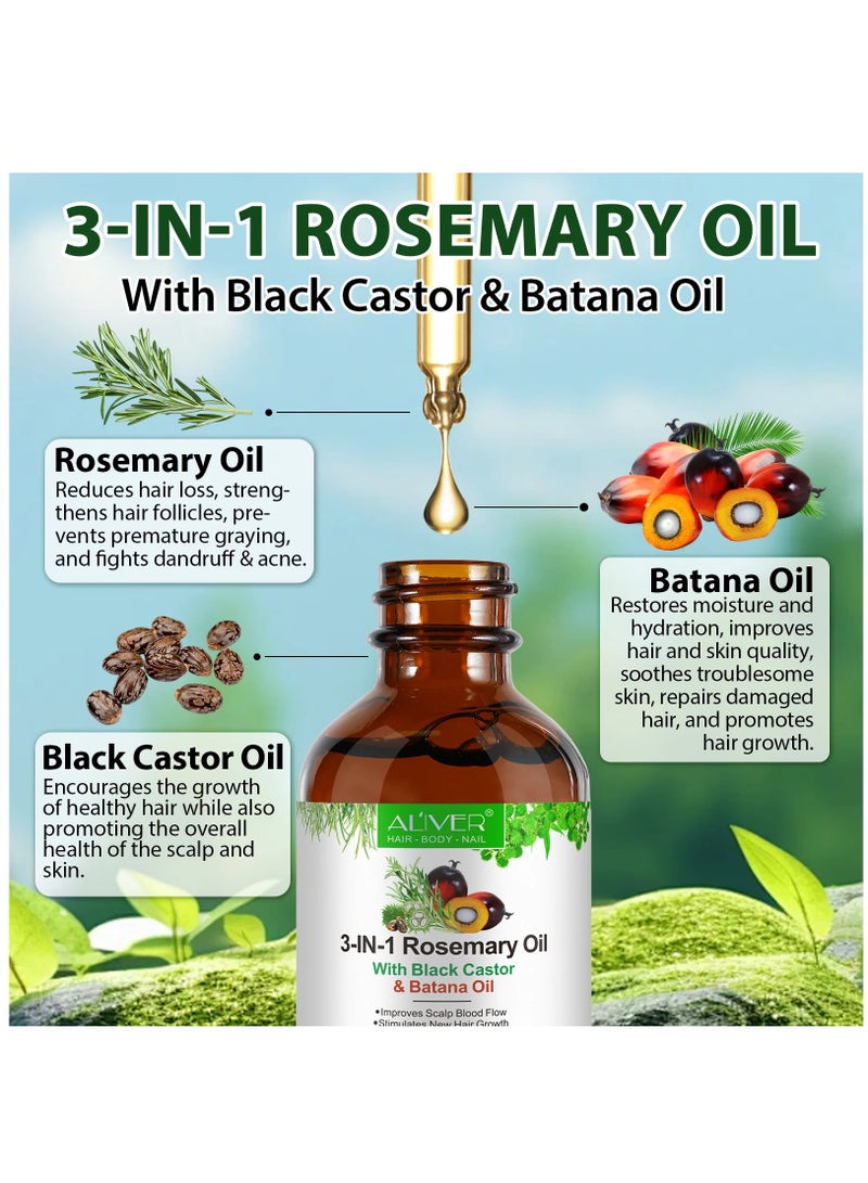 ALIVER 3 In 1 Rosemary Oil with Black Castor Oil & Batana Oil for Hair Care Hair Conditioner Oil for Thin Hair Repair Damaged Hair Nourishes Thin Hair Scalp Skin and Loss Hair Growth Fit for All Hair Types - Image 3