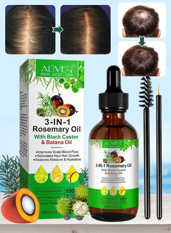 ALIVER 3 In 1 Rosemary Oil with Black Castor Oil & Batana Oil for Hair Care Hair Conditioner Oil for Thin Hair Repair Damaged Hair Nourishes Thin Hair Scalp Skin and Loss Hair Growth Fit for All Hair Types - Image 1