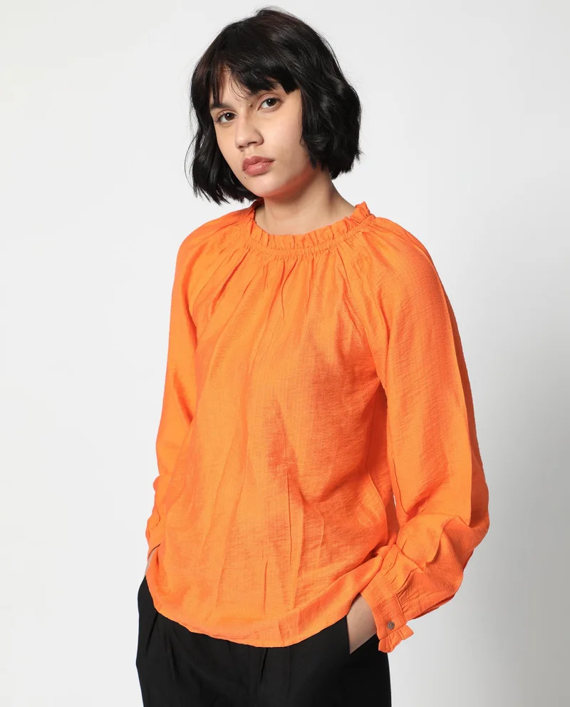 Rareism Women's Ruffled High Neck Balloon Sleeve Top