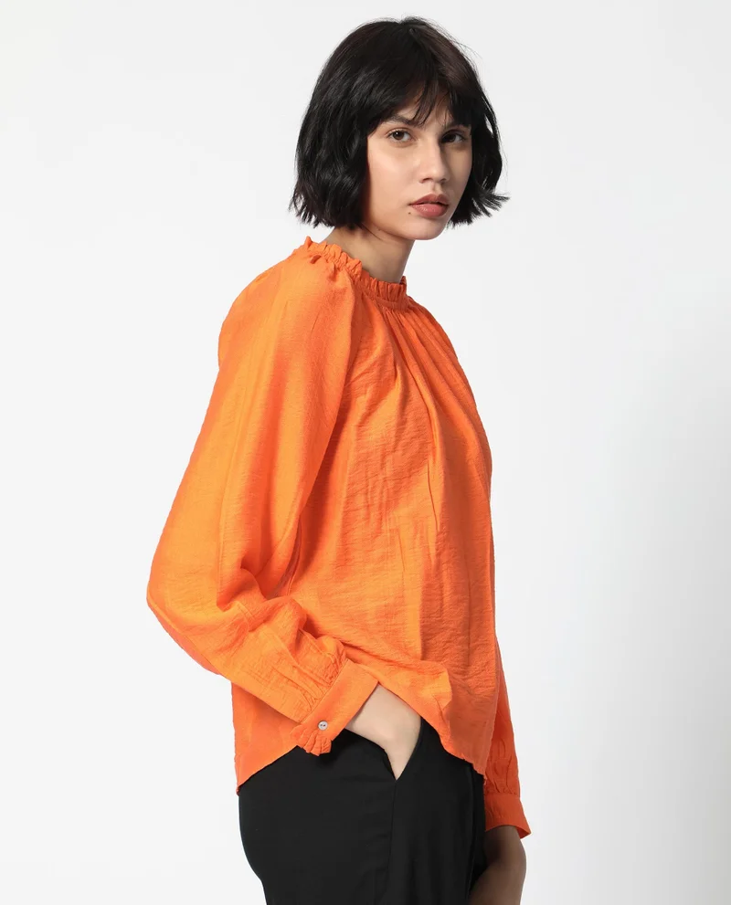 Rareism Women's Ruffled High Neck Balloon Sleeve Top