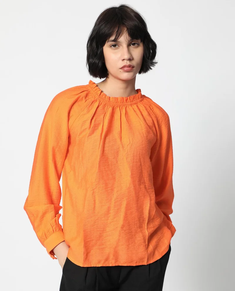 Rareism Women's Ruffled High Neck Balloon Sleeve Top
