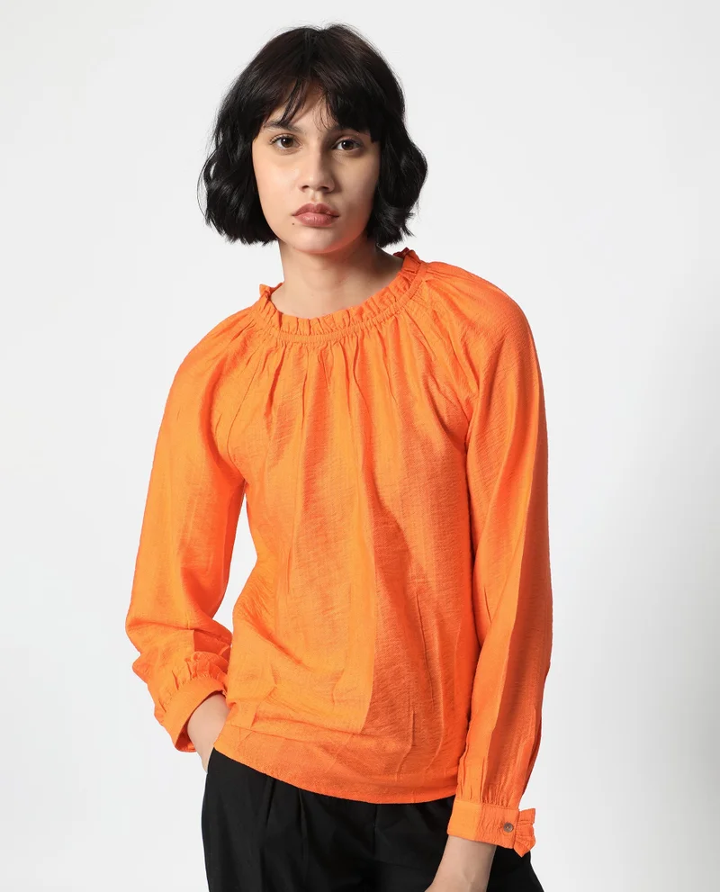 Rareism Women's Ruffled High Neck Balloon Sleeve Top