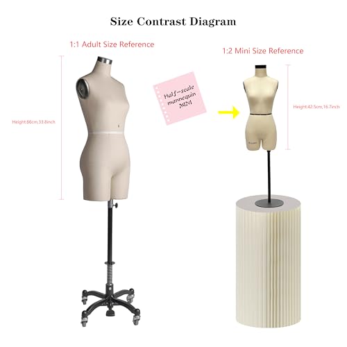 DE-LIANG Half Scale Dress Form (Not Adult Full Size) 1:2 TabletopMiniature Sewing Half Size Mannequin Not Fully Pinable Dressmaker Dummy 43cm Body Height Female Torso Tailor Model for Draping Beige - Image 3