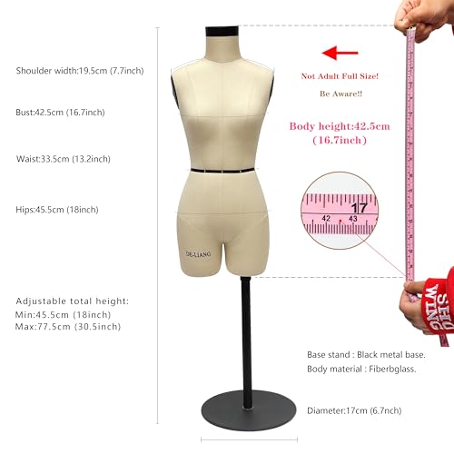 DE-LIANG Half Scale Dress Form (Not Adult Full Size) 1:2 TabletopMiniature Sewing Half Size Mannequin Not Fully Pinable Dressmaker Dummy 43cm Body Height Female Torso Tailor Model for Draping Beige - Image 2