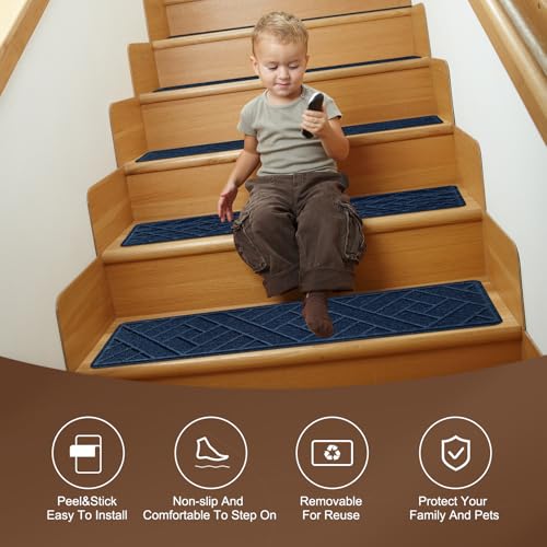 OXKVPVF Non-Slip Carpet Stair Treads for Indoor Wooden Steps, Made of Polyester and Reusable Adhesive, Suitable for Kids Elders and Pets of 15 Pack 8 "X 30" （Navy Lines） - Image 5