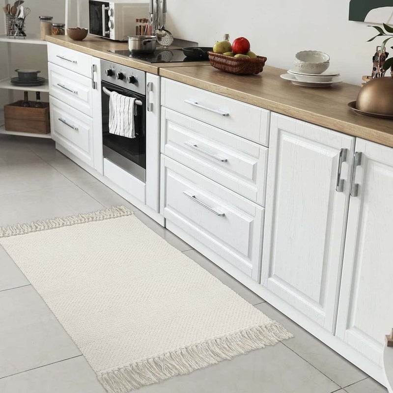 Collive Small Bathroom Rug, 2' x 3' Hand-Woven Low Profile Front Entryway Rug, White/Beige Cotton Reversible Washable Kitchen Mat Modern Farmhouse Carpet for Foyer Bedroom Back Door Decor - Image 2