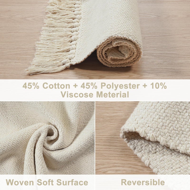 Collive Small Bathroom Rug, 2' x 3' Hand-Woven Low Profile Front Entryway Rug, White/Beige Cotton Reversible Washable Kitchen Mat Modern Farmhouse Carpet for Foyer Bedroom Back Door Decor - Image 3