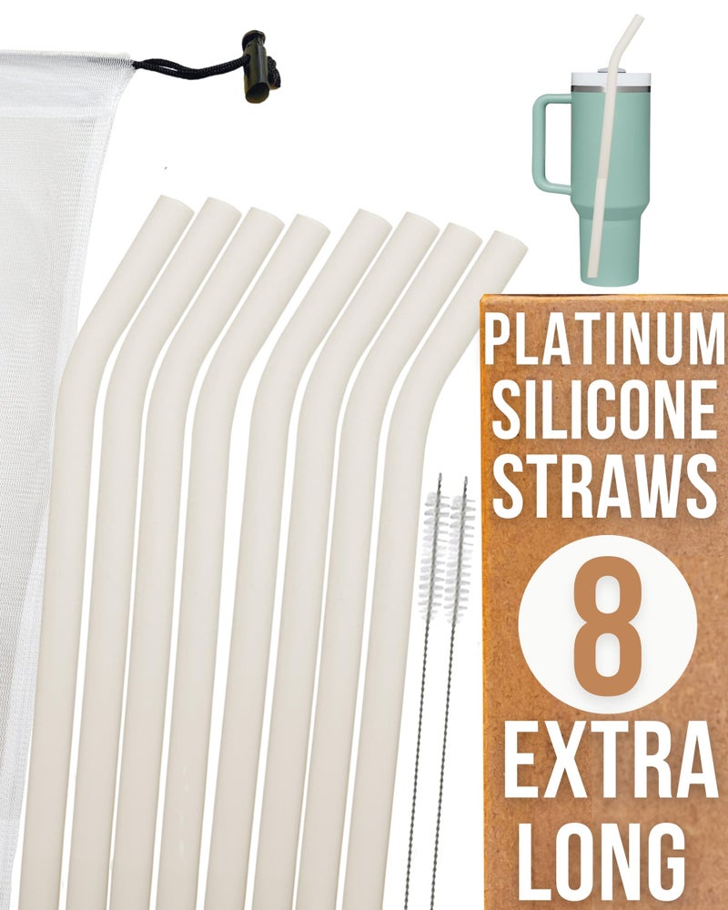 purifyou purifyou 14in Platinum Silicone Straws Extra Long  Wide for 40oz Tumblers from Stanley Reduce Yeti  More Reusable Smoothie Straws with Travel Case  2 Cleaning Brushes Set of 8 White