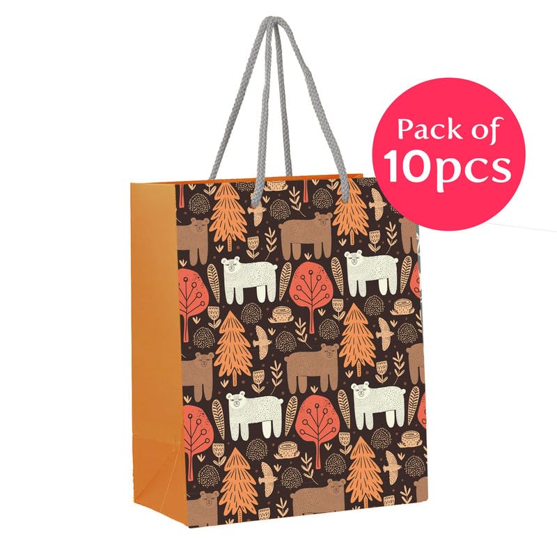 PaperPep Brown Autumn Jungle Print 9"X4"X7" Gifting Paper Bag| Ideal for Return Gifts, Presents, Weddings, Birthday, Holiday Presents, Celebrations | Pack of 10 - Image 2