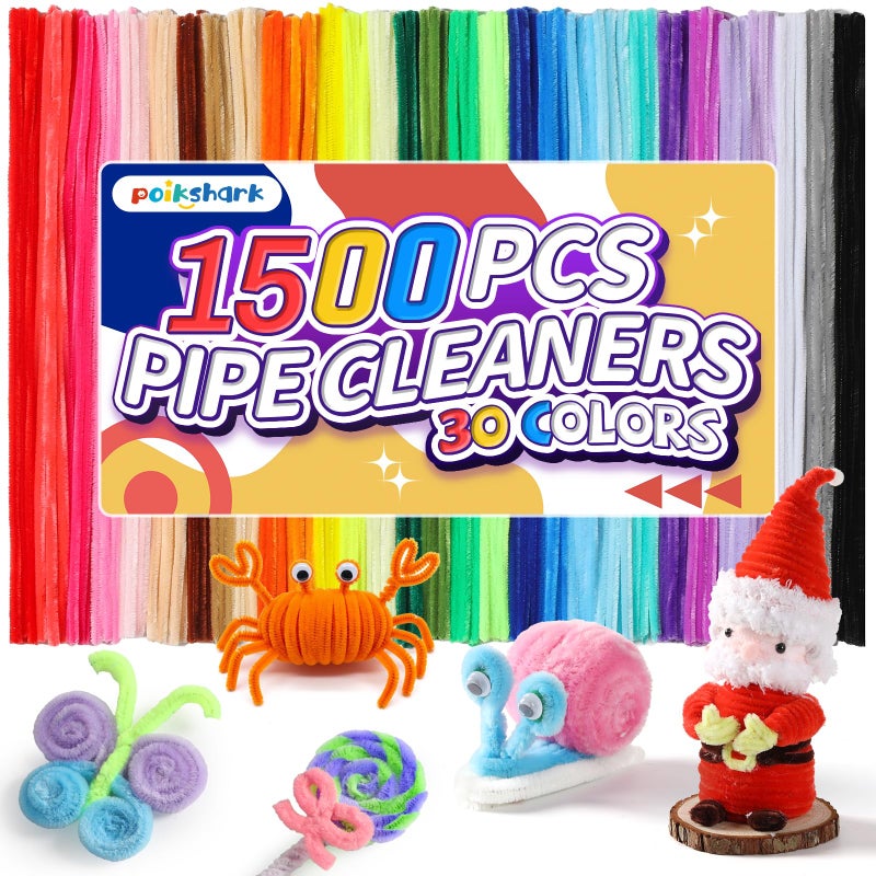 POIKSHARK 1500 PCS 30 Colors Quality Pipe Cleaners Bulk, Thick Pipe Cleaners Craft for DIY Craft Projects, Multicolored Limpia Pipas for Art Supplies & Materials, Rainbow Chenille Stems(12inch*6mm) - Image 1