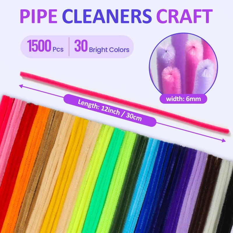 POIKSHARK 1500 PCS 30 Colors Quality Pipe Cleaners Bulk, Thick Pipe Cleaners Craft for DIY Craft Projects, Multicolored Limpia Pipas for Art Supplies & Materials, Rainbow Chenille Stems(12inch*6mm) - Image 2
