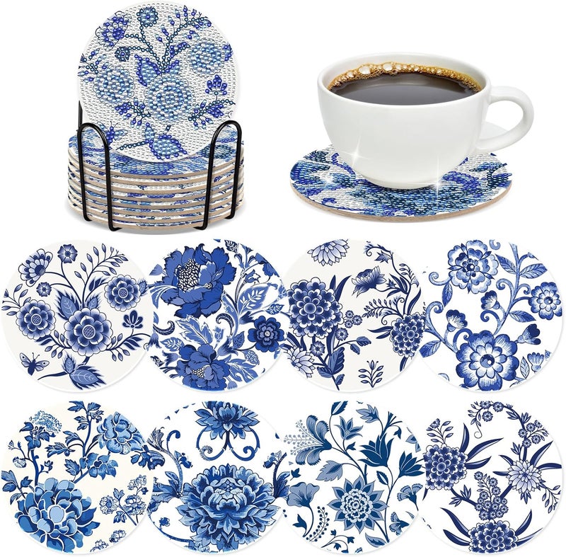 INCOK Blue Floral Diamond Art Coasters - 8 Pcs Flower Diamond Painting Coasters Kits with Cork Base Home Table Decor DIY Crafts Party Supplies Valentine's Day Birthday Gift for Adult Beginners - Image 1