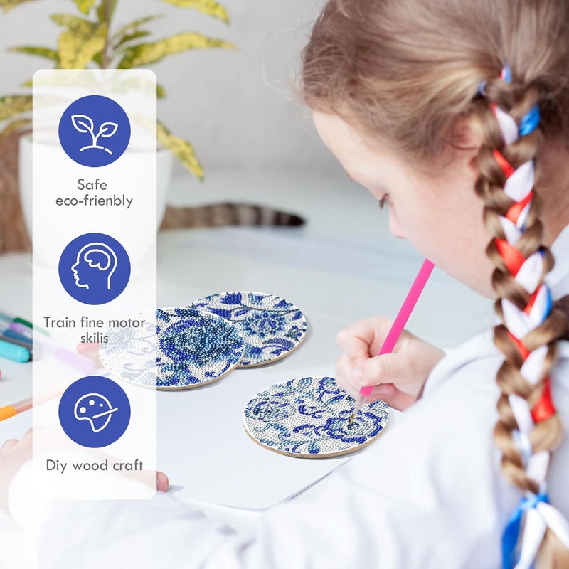 INCOK Blue Floral Diamond Art Coasters - 8 Pcs Flower Diamond Painting Coasters Kits with Cork Base Home Table Decor DIY Crafts Party Supplies Valentine's Day Birthday Gift for Adult Beginners - Image 5