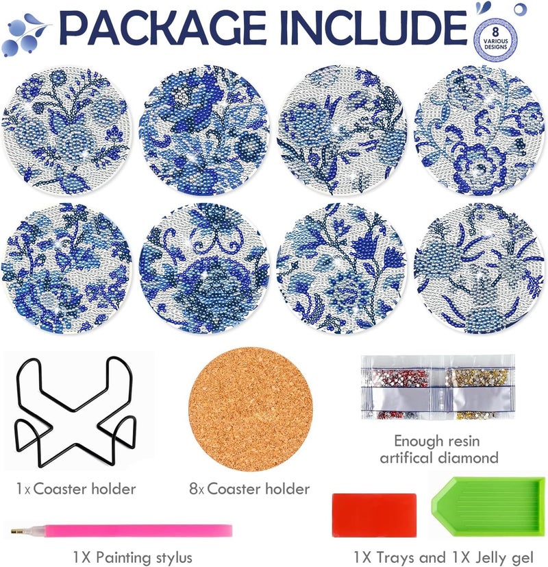 INCOK Blue Floral Diamond Art Coasters - 8 Pcs Flower Diamond Painting Coasters Kits with Cork Base Home Table Decor DIY Crafts Party Supplies Valentine's Day Birthday Gift for Adult Beginners - Image 4