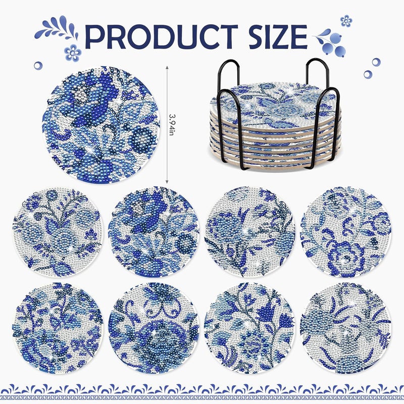 INCOK Blue Floral Diamond Art Coasters - 8 Pcs Flower Diamond Painting Coasters Kits with Cork Base Home Table Decor DIY Crafts Party Supplies Valentine's Day Birthday Gift for Adult Beginners - Image 2