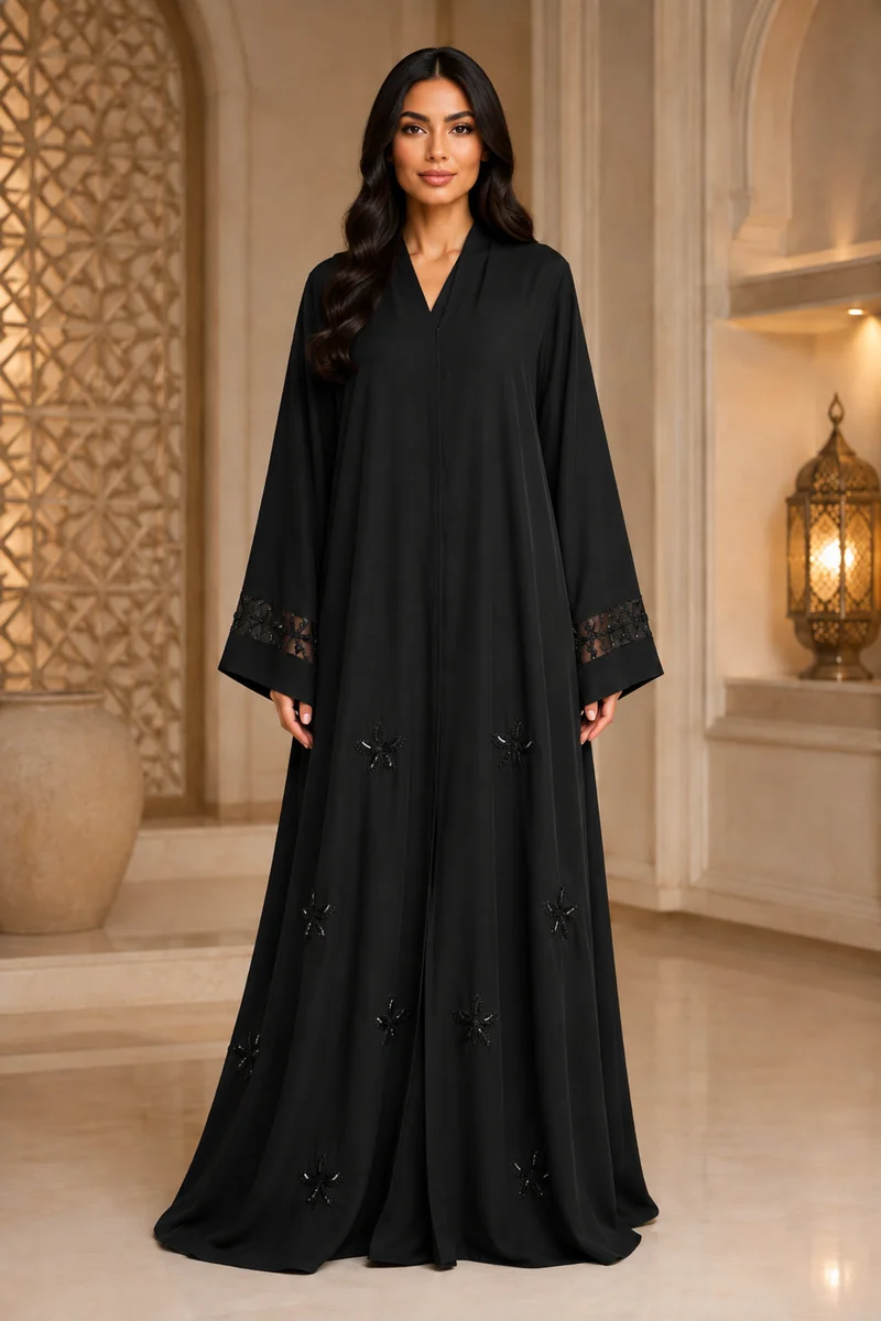 Kavalee Women's Luxury Black Abaya with Bugle-Bead Floral Motifs and Sheer Mesh Cuffs
