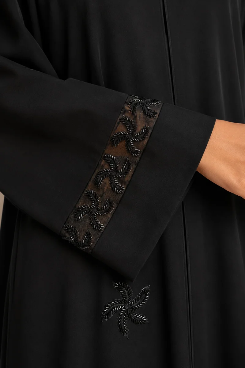 Kavalee Women's Luxury Black Abaya with Bugle-Bead Floral Motifs and Sheer Mesh Cuffs