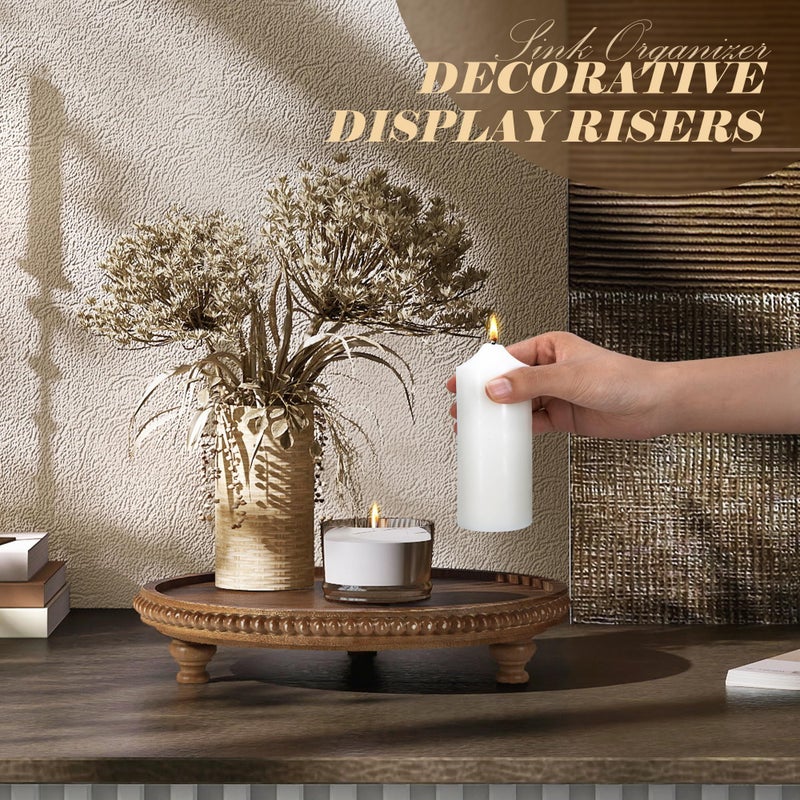 EOSAHR Round Pine Wooden Display Riser - Beaded Wood Riser for Plant, Sponge Holder & Perfume Organizer - Rustic Display Stand Kitchen Counter Organizer, Boho Chic Home Decor for Living Room(Brown) - Image 3