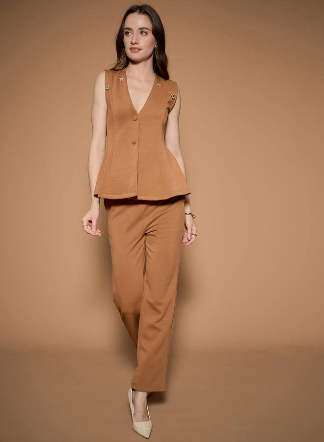Kassually Solid Peplum Style Waistcoat and Slim Fit Pants Co-Ords by Styli - Image 1