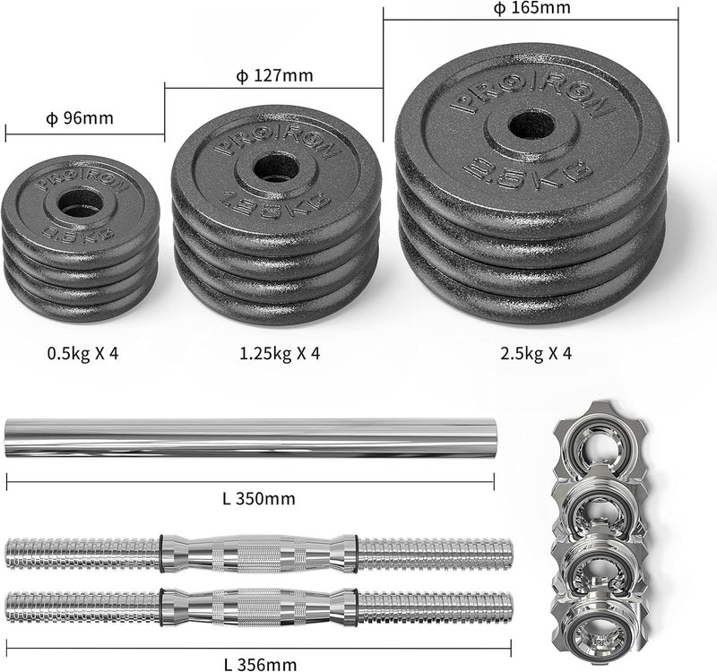 PROIRON 20kg Cast Iron Adjustable Dumbbell Set Hand Weight with Solid Dumbbell Handles - Image 2