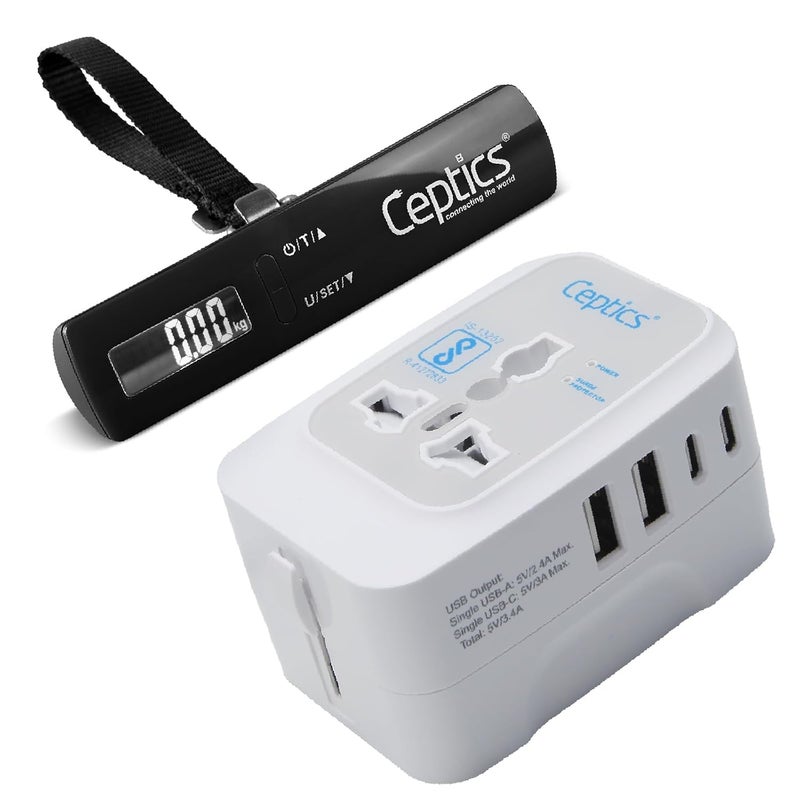 Ceptics Ceptics Universal Travel Adapter with Type C 2 USB 2 USBC 34A Weight Machine for Luggage with Capacity up to 50 Kg Luggage Scale for Bags Home Shop Black  - Image 1