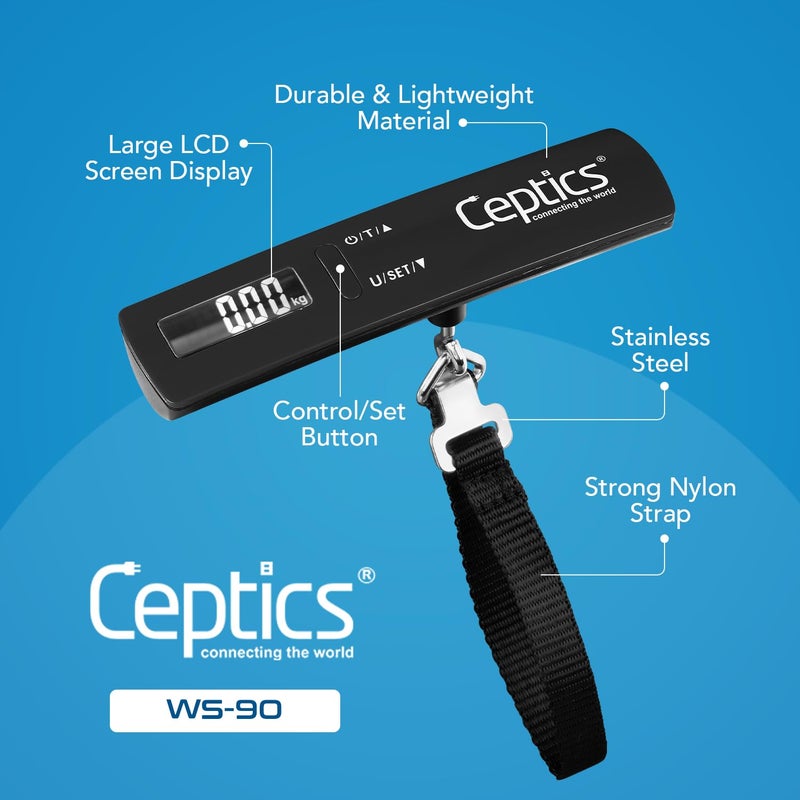 Ceptics Ceptics Universal Travel Adapter with Type C 2 USB 2 USBC 34A Weight Machine for Luggage with Capacity up to 50 Kg Luggage Scale for Bags Home Shop Black  - Image 5
