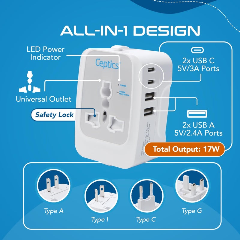 Ceptics Ceptics Universal Travel Adapter with Type C 2 USB 2 USBC 34A Weight Machine for Luggage with Capacity up to 50 Kg Luggage Scale for Bags Home Shop Black  - Image 4