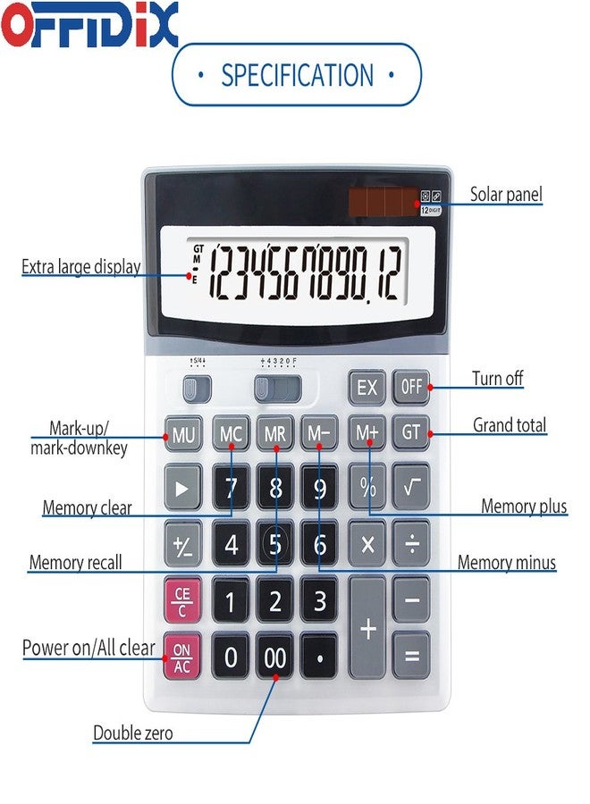 OFFIDIX Large Key Dual Power Electronic Calculator, Portable 12 Digit Large LCD Display Desk Calculator for Daily and Basic Office - Image 3