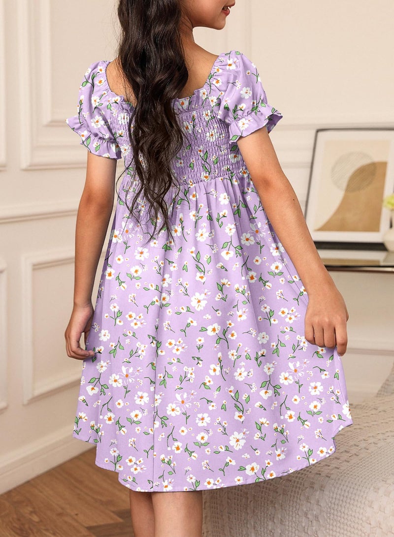 blibean Girls Summer Dresses Tween Kids Boho Clothes Floral Dress Casual Flower Short Sleeve Ruffled Clothing Vestidos NiÃ±as Size 8-9 Years Large Purple - Image 3