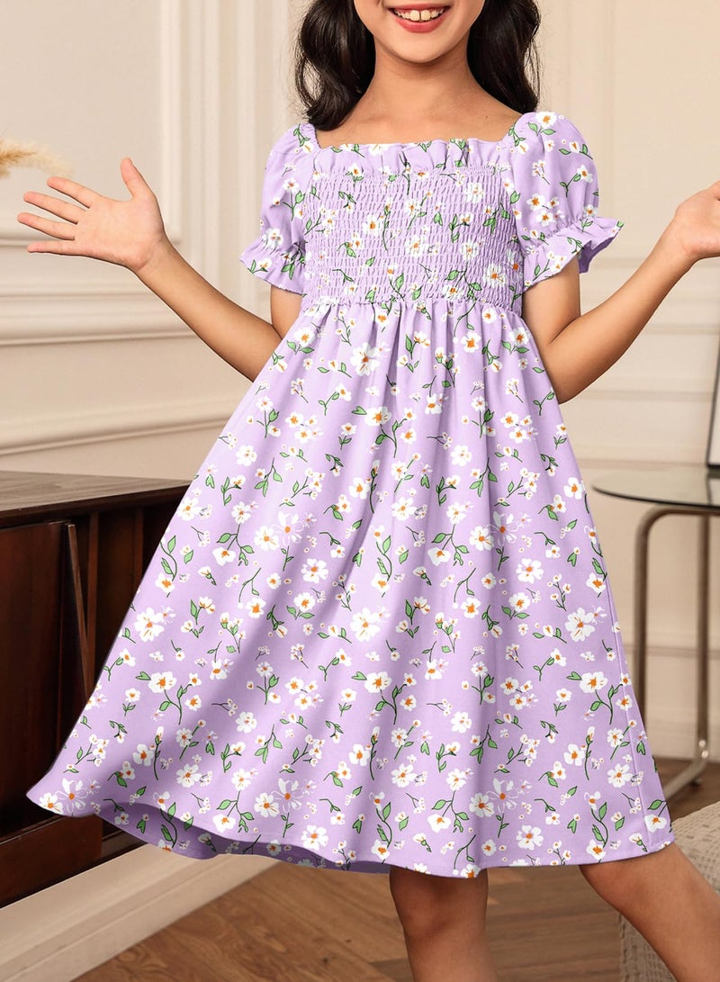 blibean Girls Summer Dresses Tween Kids Boho Clothes Floral Dress Casual Flower Short Sleeve Ruffled Clothing Vestidos NiÃ±as Size 8-9 Years Large Purple - Image 5