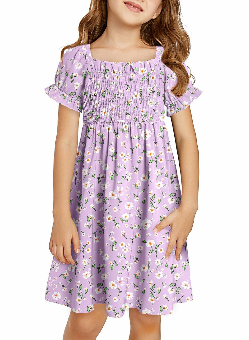 blibean Girls Summer Dresses Tween Kids Boho Clothes Floral Dress Casual Flower Short Sleeve Ruffled Clothing Vestidos NiÃ±as Size 8-9 Years Large Purple - Image 1