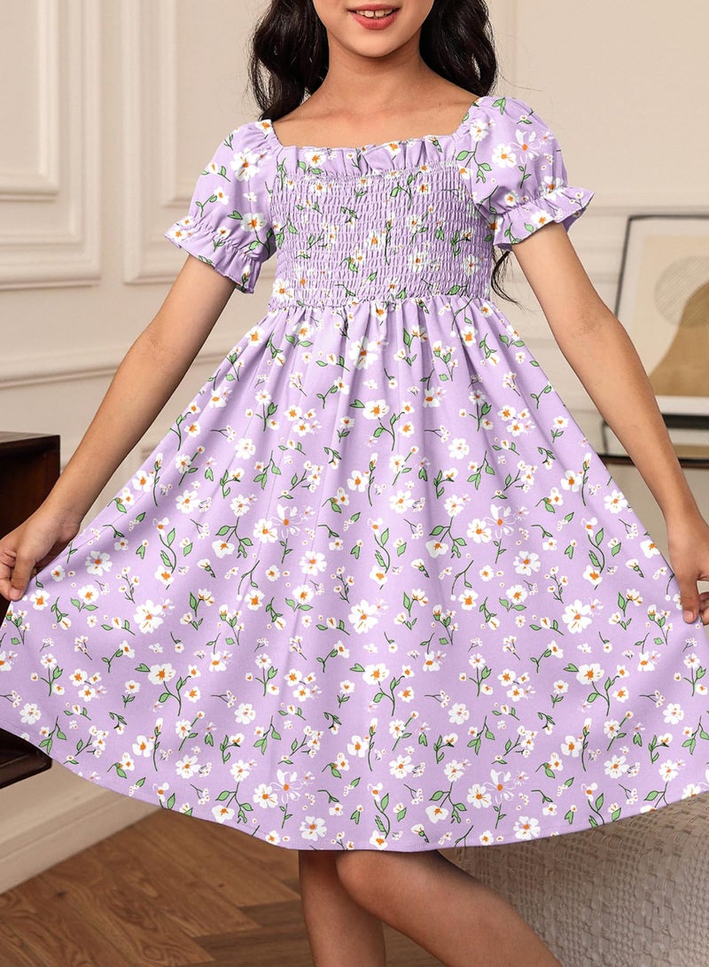 blibean Girls Summer Dresses Tween Kids Boho Clothes Floral Dress Casual Flower Short Sleeve Ruffled Clothing Vestidos NiÃ±as Size 8-9 Years Large Purple - Image 2