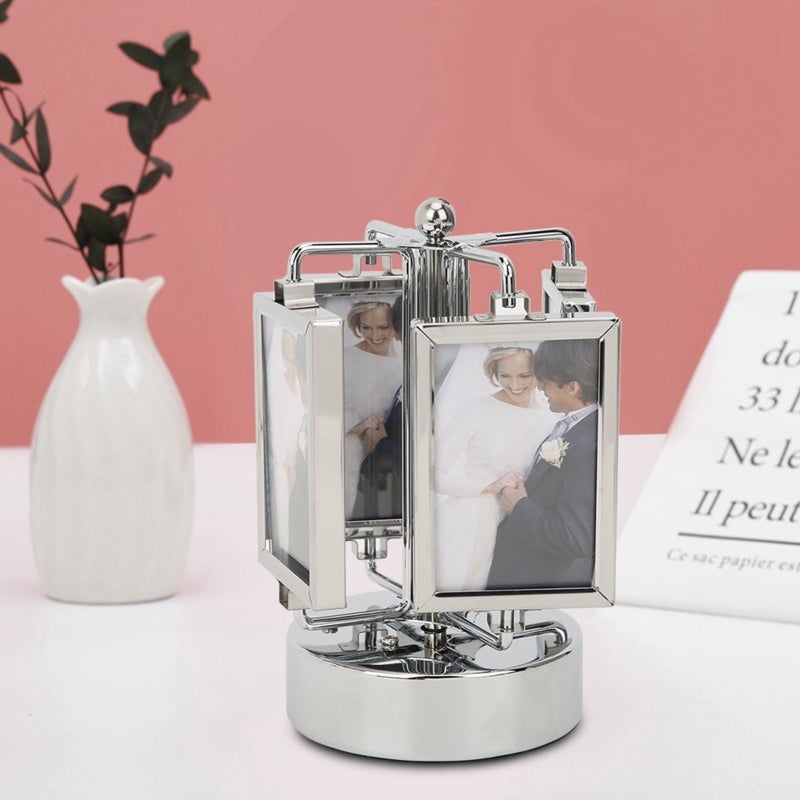 Rotating Music Box Photo Frame: 360° Rotating Double Sided Metal & Glass Frame - Battery-free Mechanical Movement Easy Photo Change for Home Living Room Bedroom Decor Gift for Loved Ones - Image 4