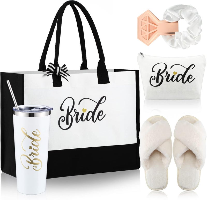 LEIFIDE LEIFIDE Bride Tote Bag Bride Gifts Set 5 Pcs Makeup Bag Bride Stainless Tumbler Cup Bride Slippers White Hair Tie Slippers for Bridal Shower Bachelorette Party Wedding Day Gifts for Bride (Classic) 
