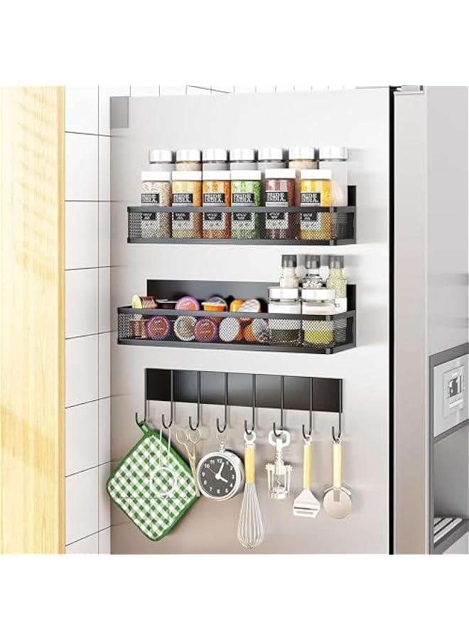 ميكسد رف التوابل المغناطيسية للثلاجة ، رف مغناطيسي 3 حزمة ، منظم ثلاجة مغناطيسية متنقلة مع رف 8 خطاف لتنظيم المطبخ والتخزين (3 حزمة) - Image 1