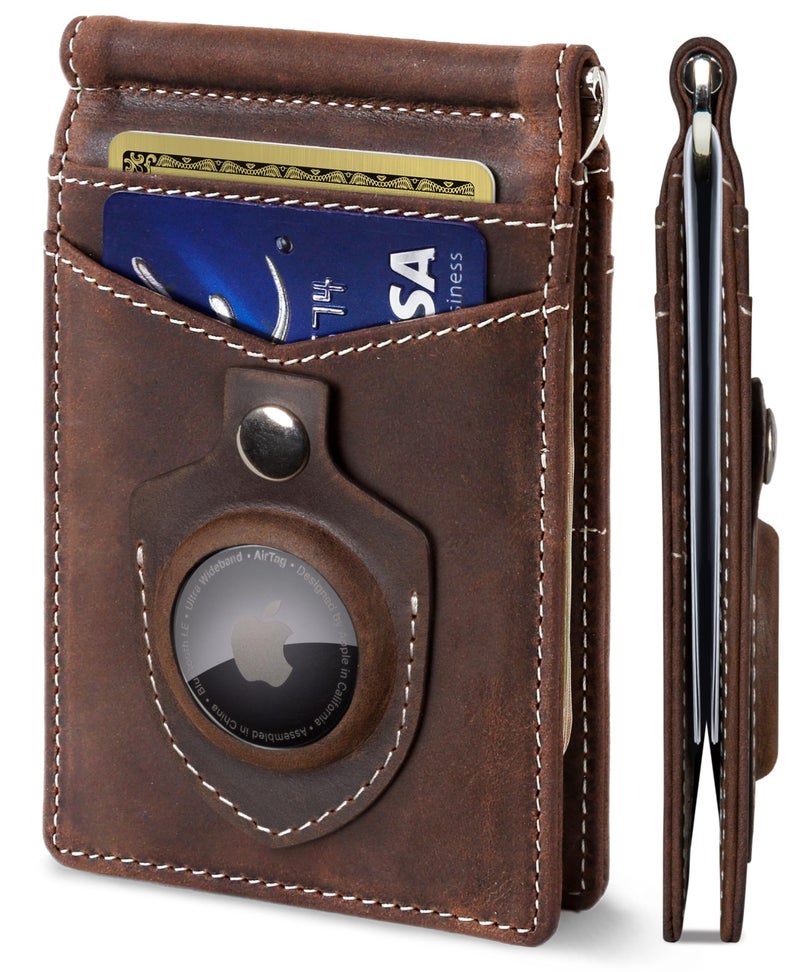 SERMAN BRANDS محفظة SERMAN BRANDS AirTag - محفظة رجال بسيطة مع حافظة نقود مانعة لتقنية RFID - جلد كامل الحبة - ثنائية الطي نحيفة. جيب أمامي لمحافظ Apple AirTag للرجال. هدية (بني تكساس روج) - Image 1