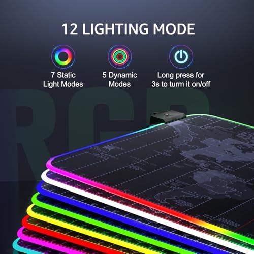 KTRIO RGB Large Gaming Mouse Pad Desk Mat Superior MicroWeave Cloth NonSlip Rubber Base Stitched Edges WaterResistant for Gamer Office Home 315 x 157 in RGB World Map - Image 3