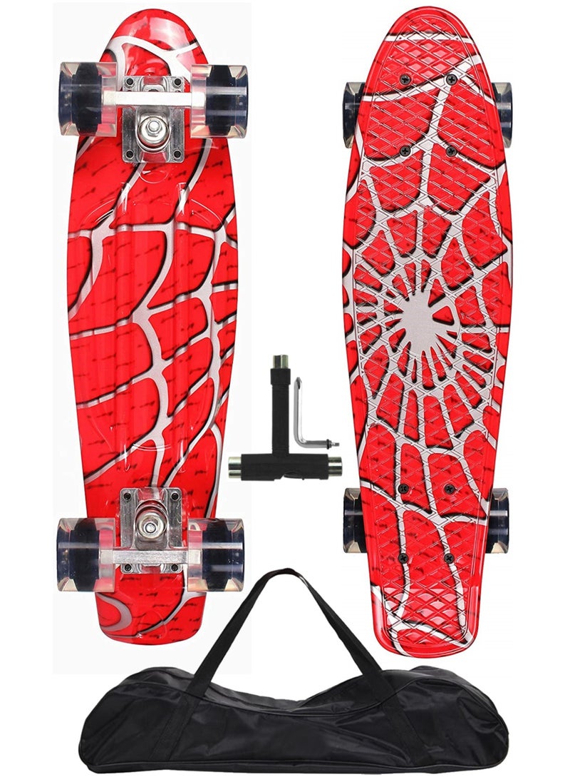 Generic - 22" Pany Skateboard PU Flash Wheels Fish Shape With Carry Bag & Tool, Spider Net Red - Image 1