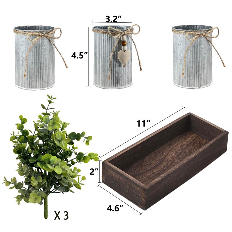 HEMYLU Artificial Flower Decorative Centerpiece, Frosty Green Eucalyptus Table Arrangement with 3 Rustic Metal Pots and Wood Tray for Farmhouse Home DÃ©cor - Image 3