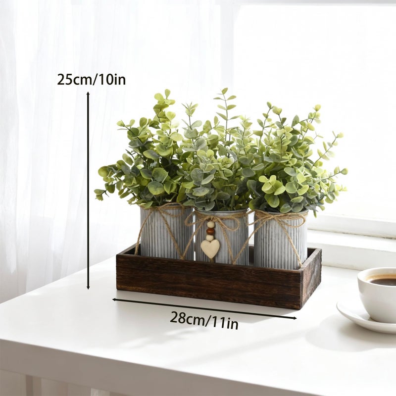 HEMYLU Artificial Flower Decorative Centerpiece, Frosty Green Eucalyptus Table Arrangement with 3 Rustic Metal Pots and Wood Tray for Farmhouse Home DÃ©cor - Image 5
