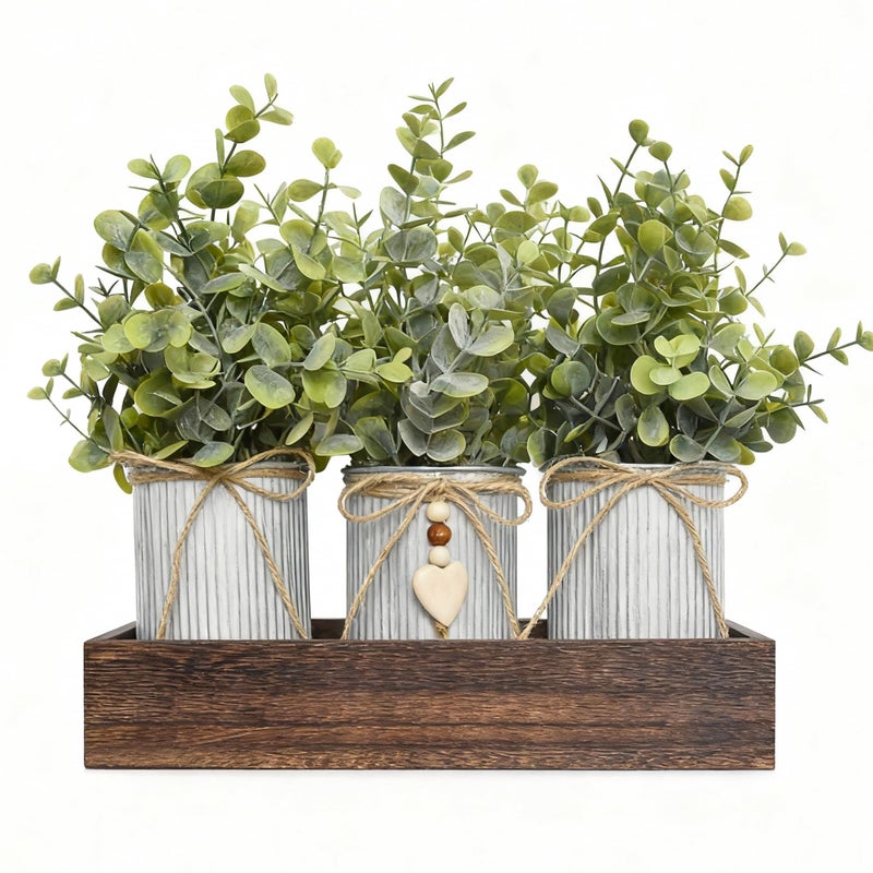 HEMYLU Artificial Flower Decorative Centerpiece, Frosty Green Eucalyptus Table Arrangement with 3 Rustic Metal Pots and Wood Tray for Farmhouse Home DÃ©cor - Image 1