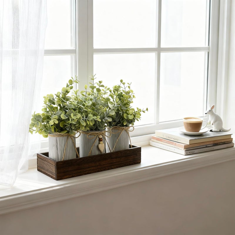 HEMYLU Artificial Flower Decorative Centerpiece, Frosty Green Eucalyptus Table Arrangement with 3 Rustic Metal Pots and Wood Tray for Farmhouse Home DÃ©cor - Image 4