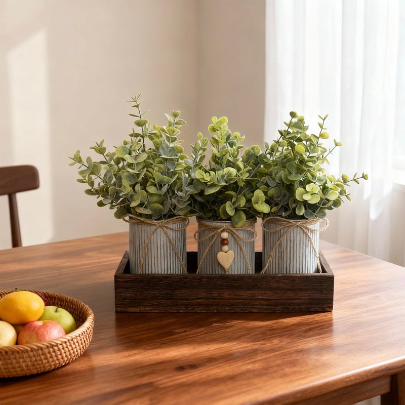 HEMYLU Artificial Flower Decorative Centerpiece, Frosty Green Eucalyptus Table Arrangement with 3 Rustic Metal Pots and Wood Tray for Farmhouse Home DÃ©cor - Image 2