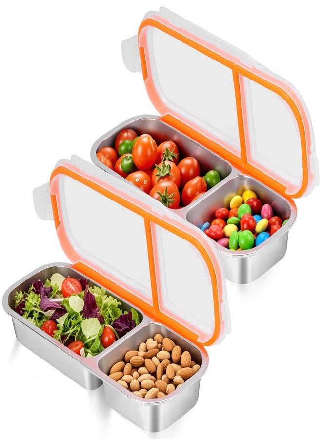 Solldgt 2 Pack Stainless Steel Snack Containers - Reusable Double Compartment Condiment Box with Lids for Kids Adults, Grab and Go Divided Snack Food Storage Containers Sauce Cups for School, Travel - Image 1
