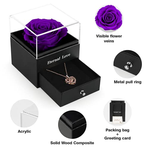 HEGUD Preserved Real Rose with I Love You Necklace in 100 Language, Eternal Flowers Rose for Mom Women Wife Girlfriend Grandma-Purple - Image 5
