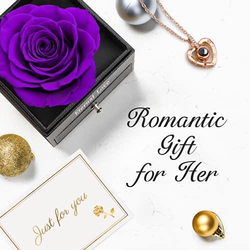 HEGUD Preserved Real Rose with I Love You Necklace in 100 Language, Eternal Flowers Rose for Mom Women Wife Girlfriend Grandma-Purple - Image 4